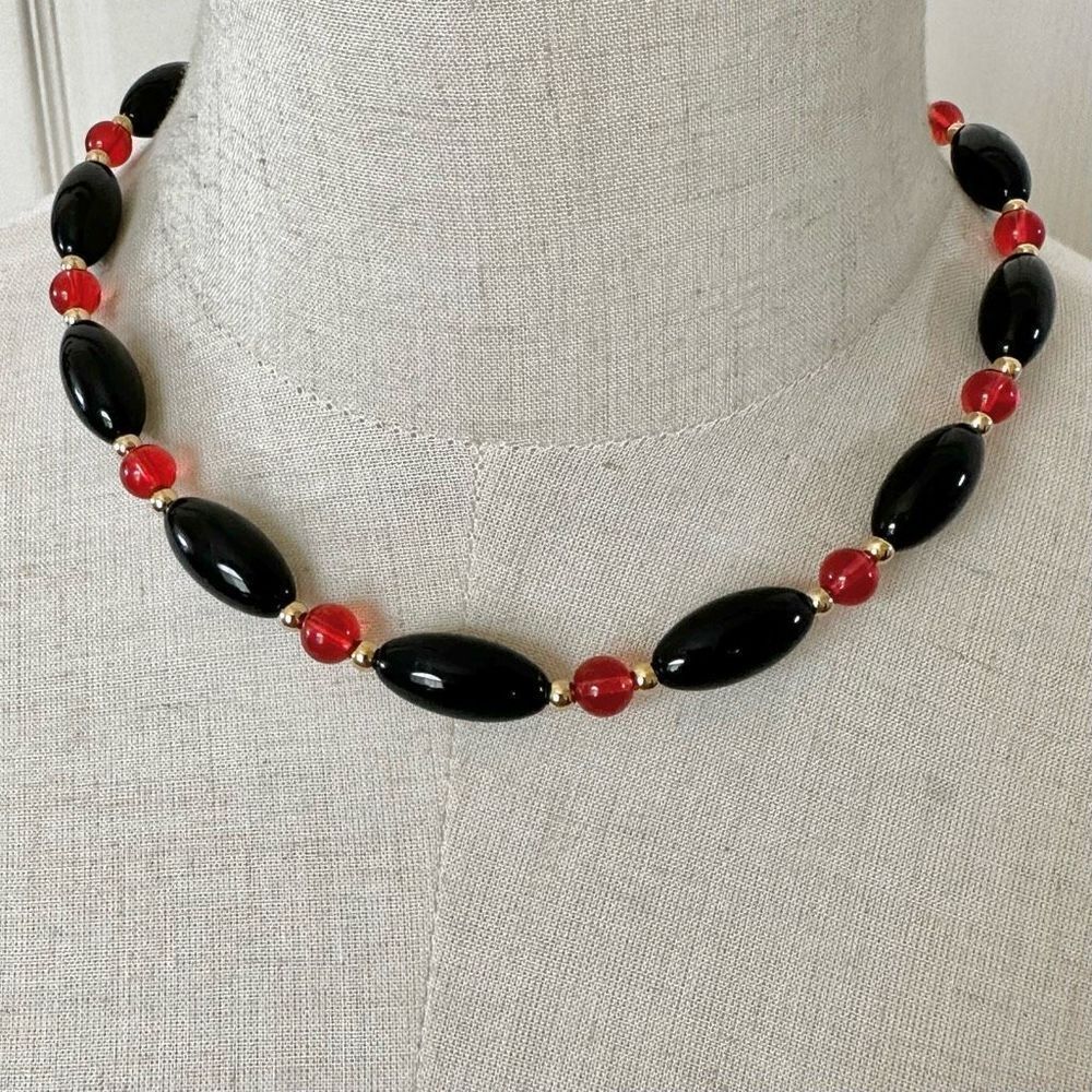 Black orange and gold tone vintage beaded necklace
